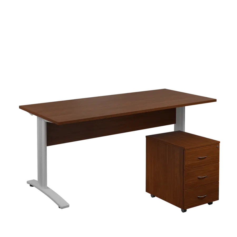 SET 588 stůl kancelářský, kovová podnož stříbrná + kontejner pojízdný, 3-zásuvkový, ořech královský