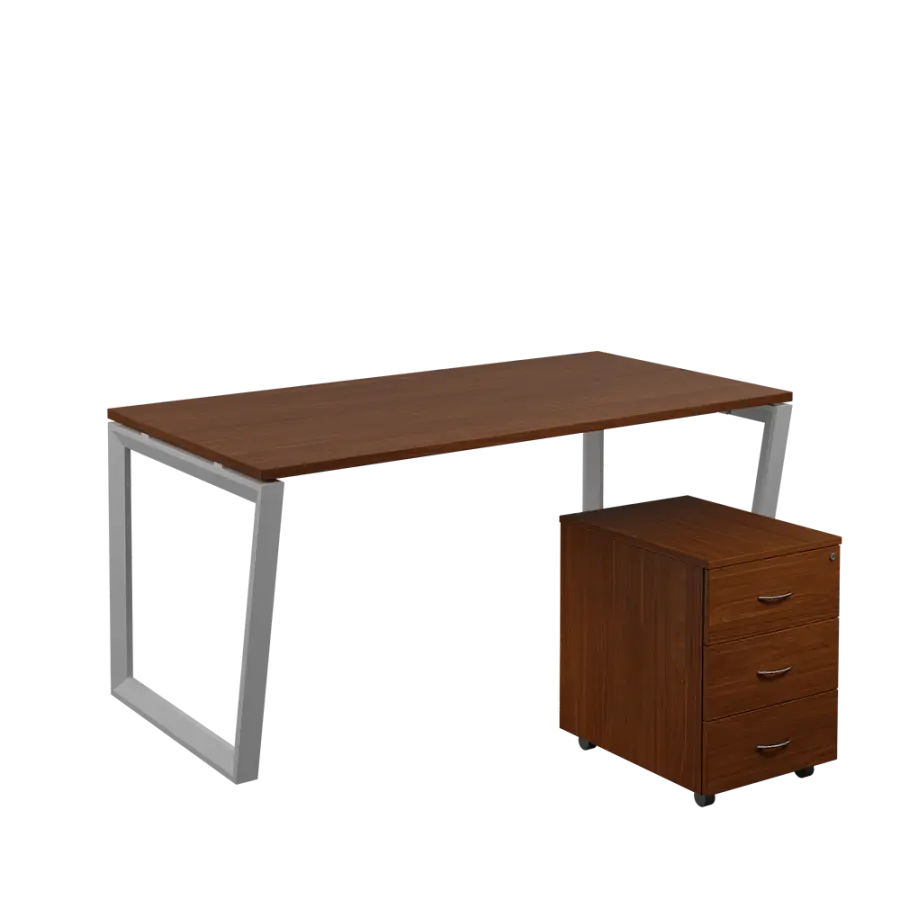 SET-V 368 stůl kancelářský, kovová podnož stříbrná + kontejner pojízdný, 3-zásuvkový, ořech královský