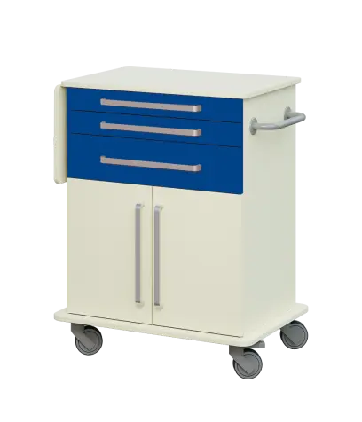 DEXTER 08 vozík asistenční, korpus a desky smetanová / zásuvky královská modř, dvířka smetanová