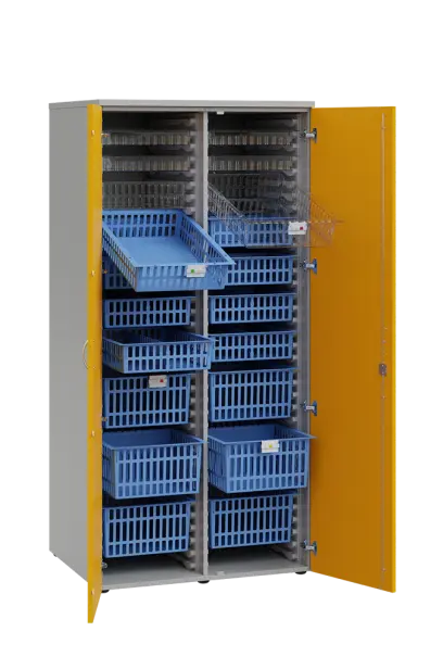 MEDICAL D - 90 skříň léková boxová, 1950 x 900 x 735, dvířka, korpus šedá, dvířka žlutá odio