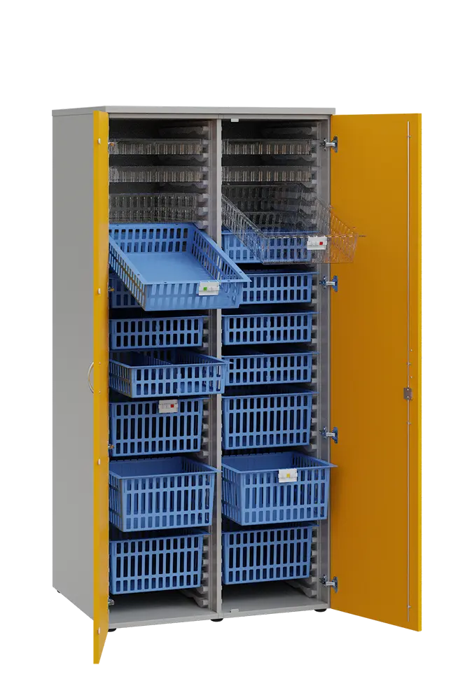 MEDICAL D - 90 skříň léková boxová, 1950 x 900 x 735, dvířka, korpus šedá, dvířka žlutá odio