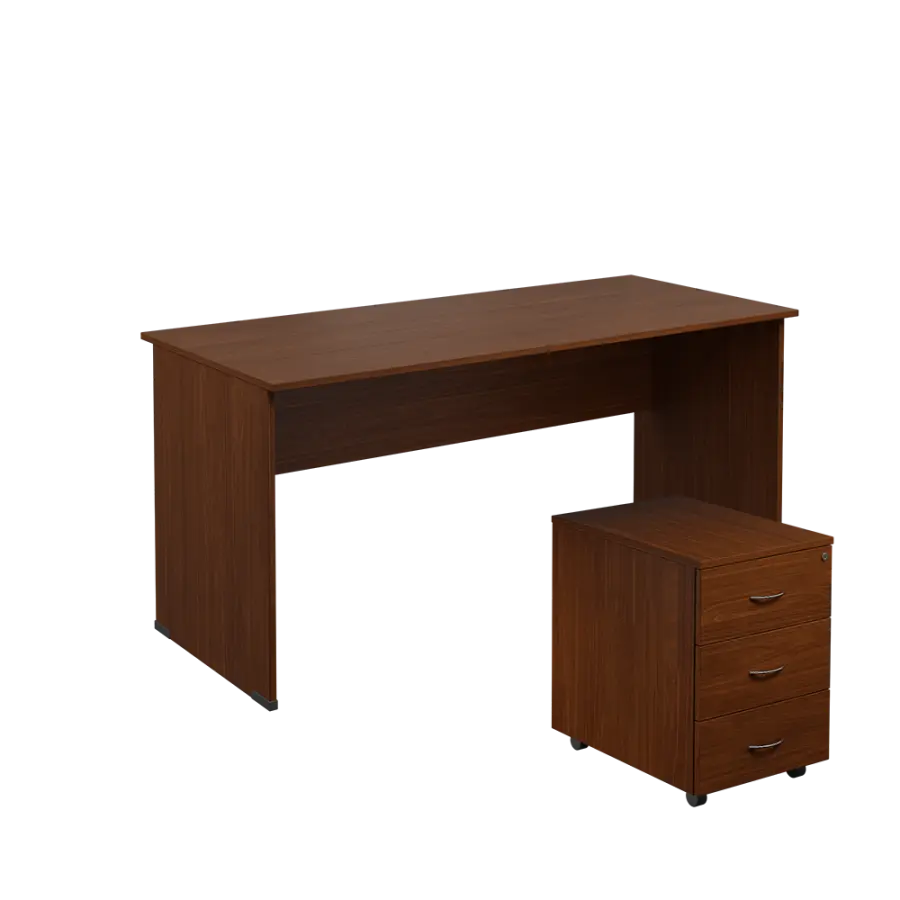 SET 267 stůl kancelářský, dřevěná podnož + kontejner pojízdný, 3-zásuvkový, ořech královský