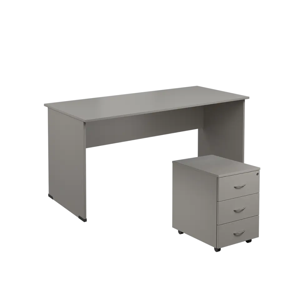 SET 267 stůl kancelářský, dřevěná podnož + kontejner pojízdný, 3-zásuvkový, šedá