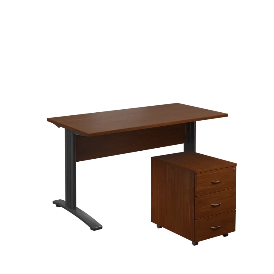 SET 547 stůl kancelářský, kovová podnož černá + kontejner pojízdný, 3-zásuvkový, ořech královský