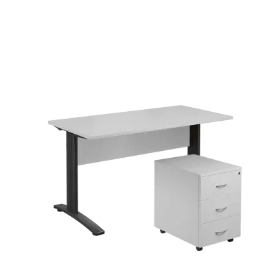 SET 547 stůl kancelářský, kovová podnož černá + kontejner pojízdný, 3-zásuvkový, bílá