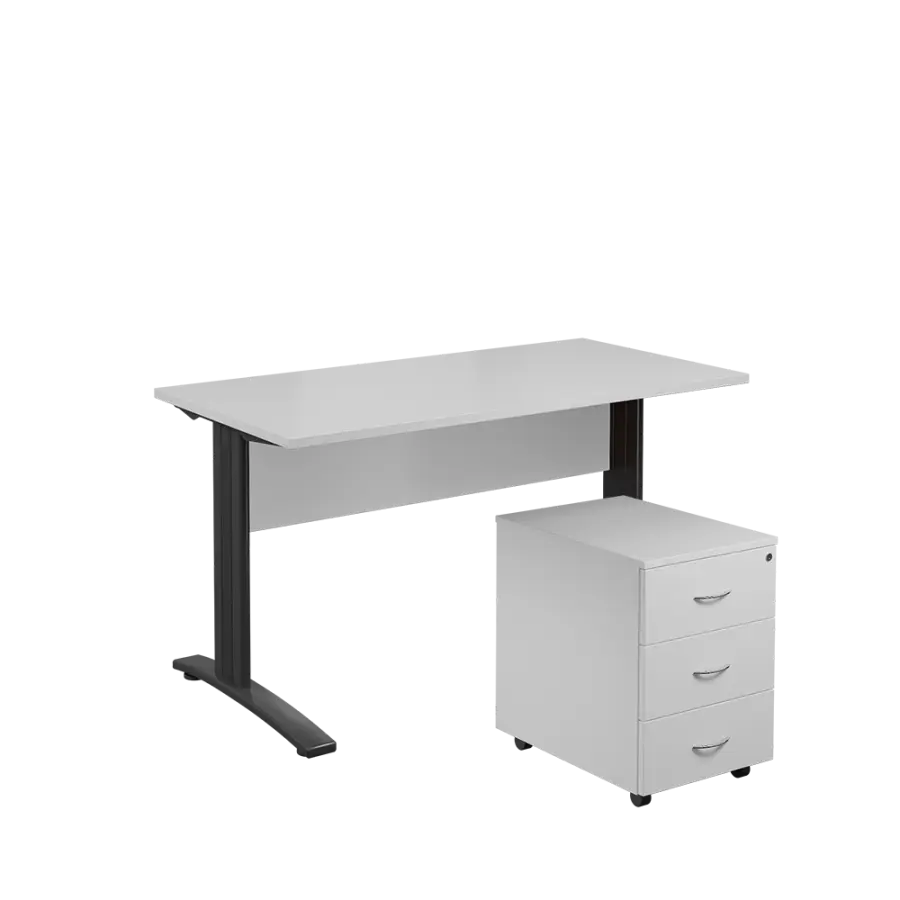 SET 547 stůl kancelářský, kovová podnož černá + kontejner pojízdný, 3-zásuvkový, bílá