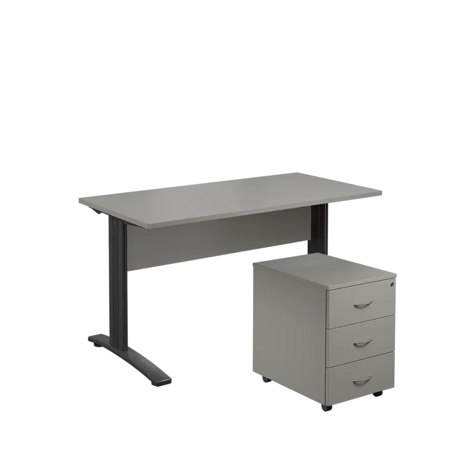 SET 547 stůl kancelářský, kovová podnož černá + kontejner pojízdný, 3-zásuvkový, šedá