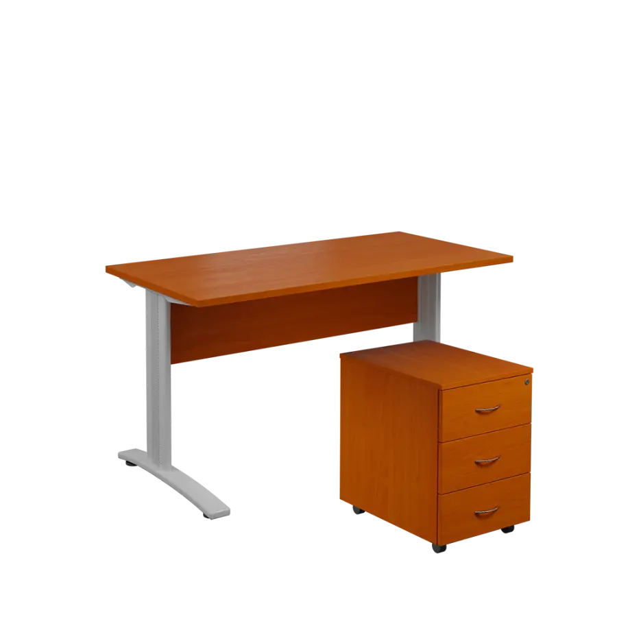 SET 547 stůl kancelářský, kovová podnož stříbrná + kontejner pojízdný, 3-zásuvkový, třešeň šumavská
