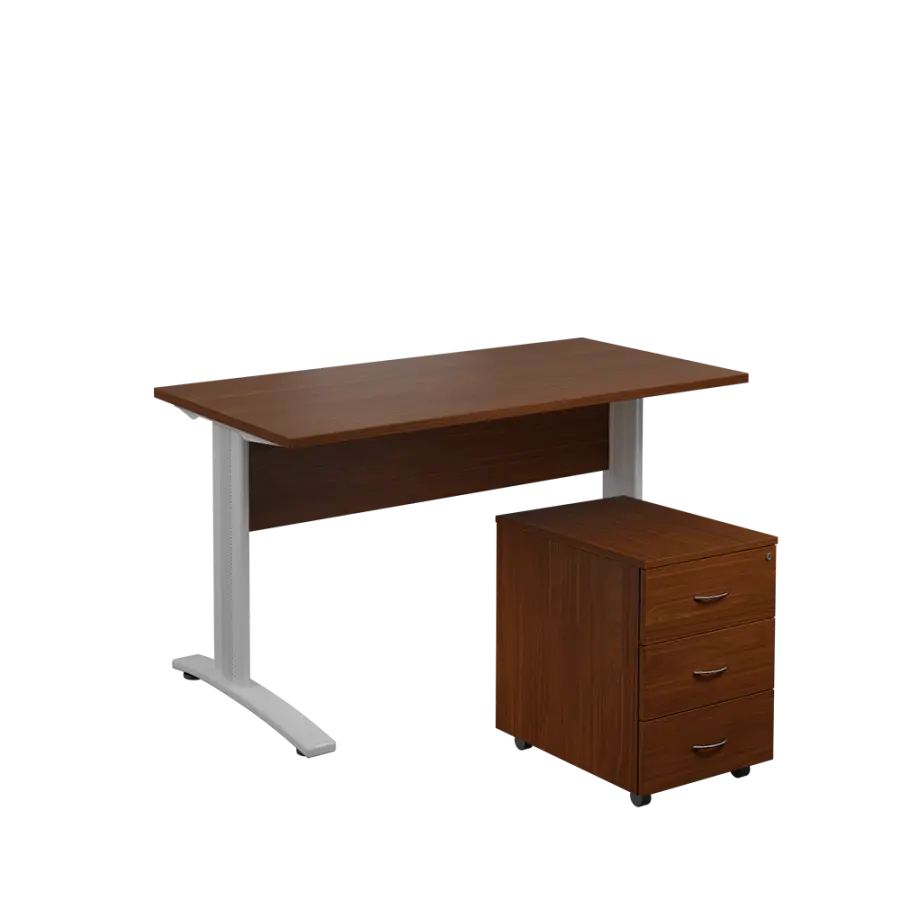 SET 547 stůl kancelářský, kovová podnož stříbrná + kontejner pojízdný, 3-zásuvkový, ořech královský