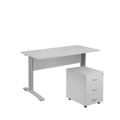 SET 547 stůl kancelářský, kovová podnož stříbrná + kontejner pojízdný, 3-zásuvkový, bílá