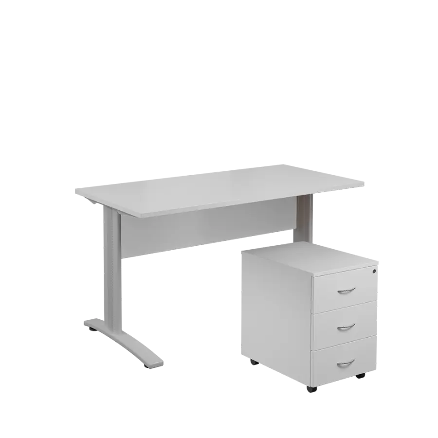 SET 547 stůl kancelářský, kovová podnož stříbrná + kontejner pojízdný, 3-zásuvkový, bílá