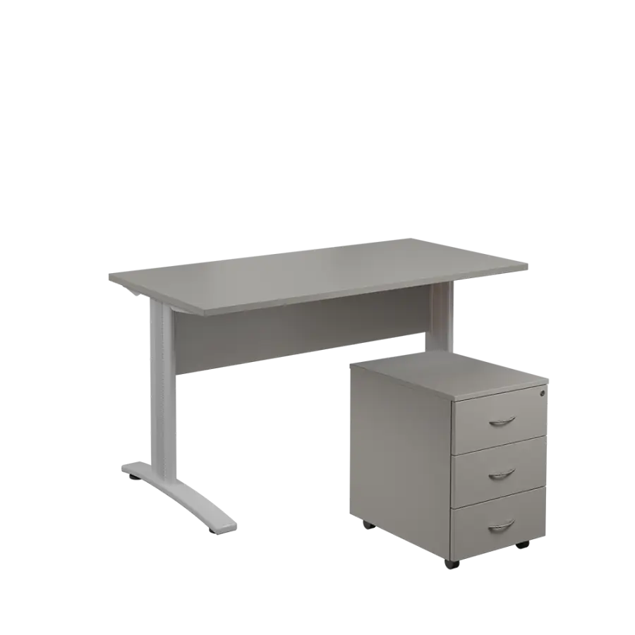 SET 547 stůl kancelářský, kovová podnož stříbrná + kontejner pojízdný, 3-zásuvkový, šedá