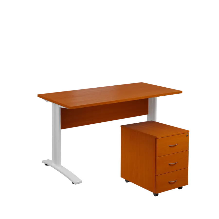 SET 547 stůl kancelářský, kovová podnož bílá + kontejner pojízdný, 3-zásuvkový, třešeň šumavská