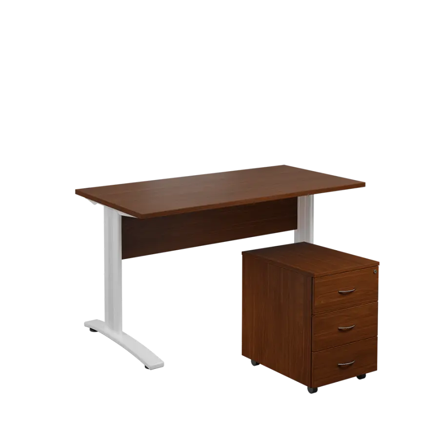 SET 547 stůl kancelářský, kovová podnož bílá + kontejner pojízdný, 3-zásuvkový, ořech královský