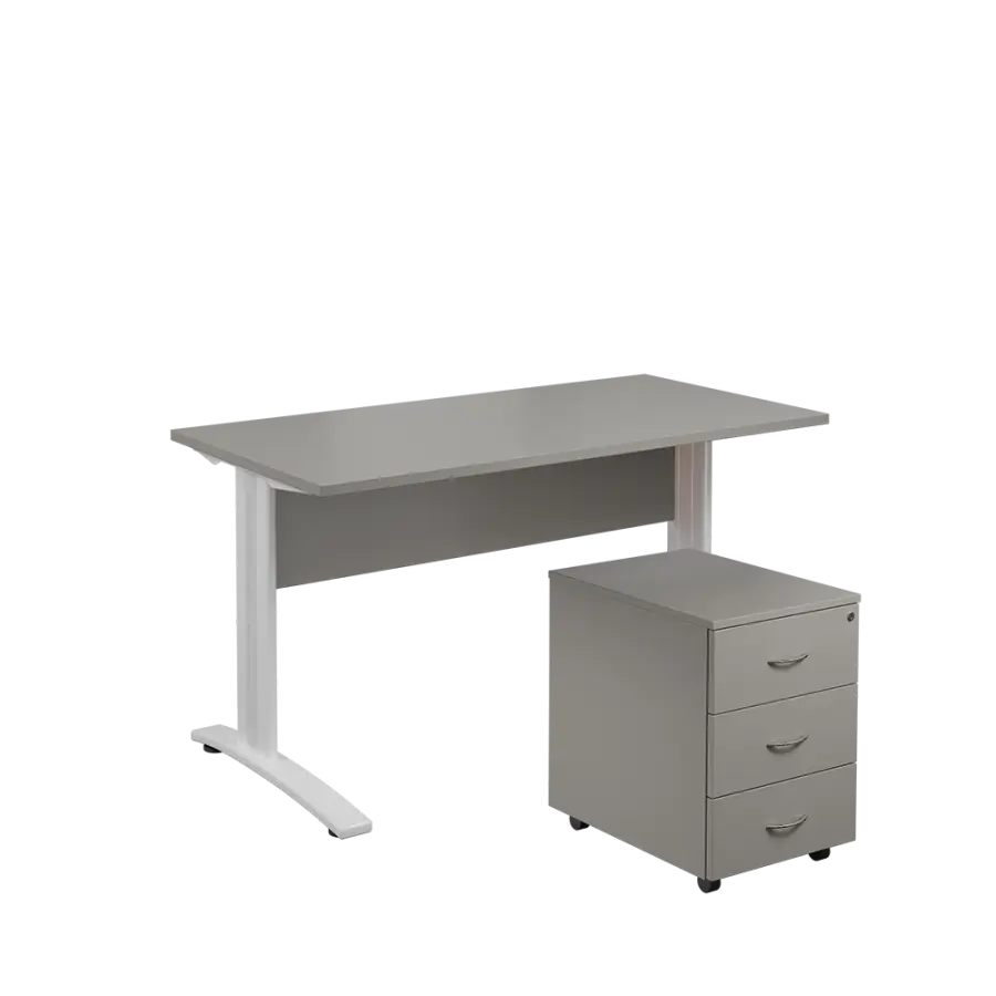 SET 547 stůl kancelářský, kovová podnož bílá + kontejner pojízdný, 3-zásuvkový, šedá