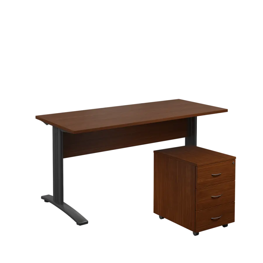 SET 567 stůl kancelářský, kovová podnož černá + kontejner pojízdný, 3-zásuvkový, ořech královský