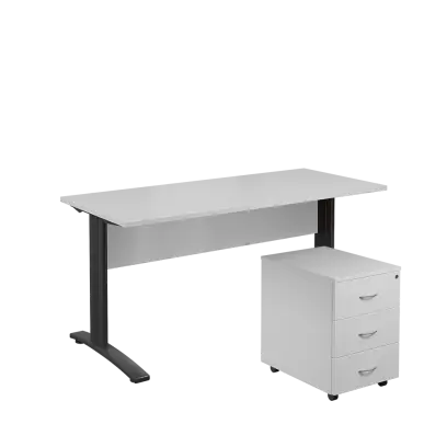 SET 567 stůl kancelářský, kovová podnož černá + kontejner pojízdný, 3-zásuvkový, bílá