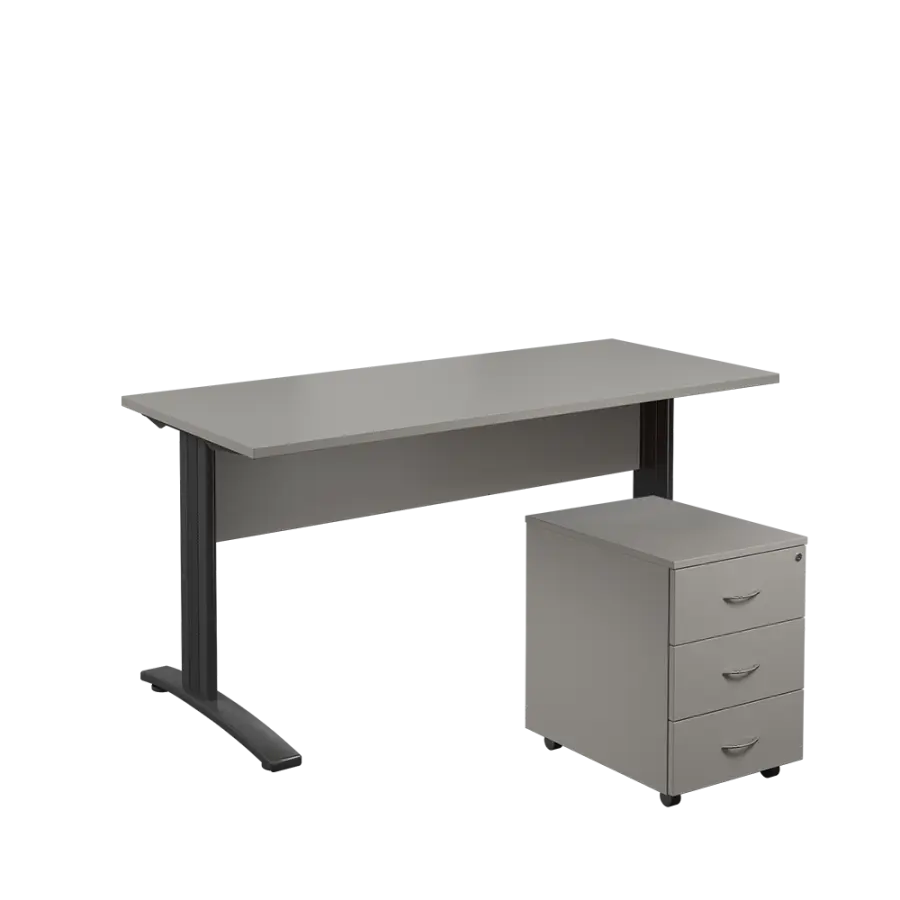 SET 567 stůl kancelářský, kovová podnož černá + kontejner pojízdný, 3-zásuvkový, šedá