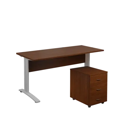 SET 567 stůl kancelářský, kovová podnož stříbrná + kontejner pojízdný, 3-zásuvkový, ořech královský