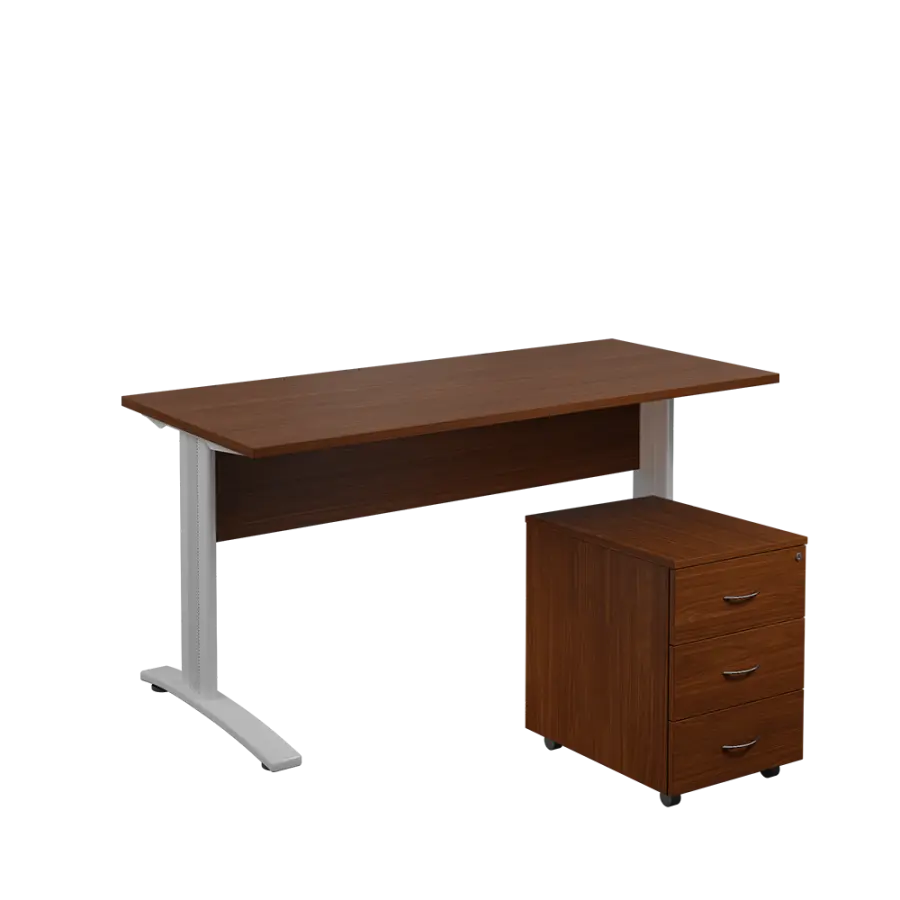 SET 567 stůl kancelářský, kovová podnož stříbrná + kontejner pojízdný, 3-zásuvkový, ořech královský