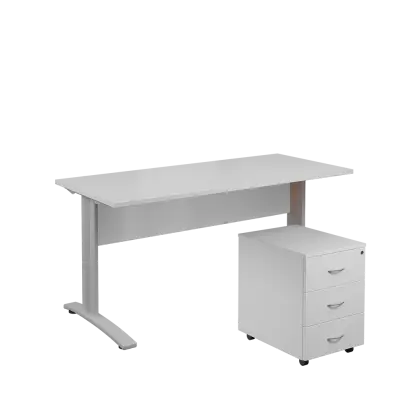 SET 567 stůl kancelářský, kovová podnož stříbrná + kontejner pojízdný, 3-zásuvkový, bílá