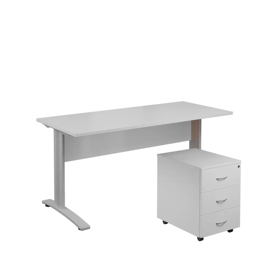 SET 567 stůl kancelářský, kovová podnož stříbrná + kontejner pojízdný, 3-zásuvkový, bílá