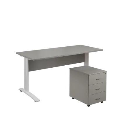 SET 567 stůl kancelářský, kovová podnož bílá + kontejner pojízdný, 3-zásuvkový, šedá