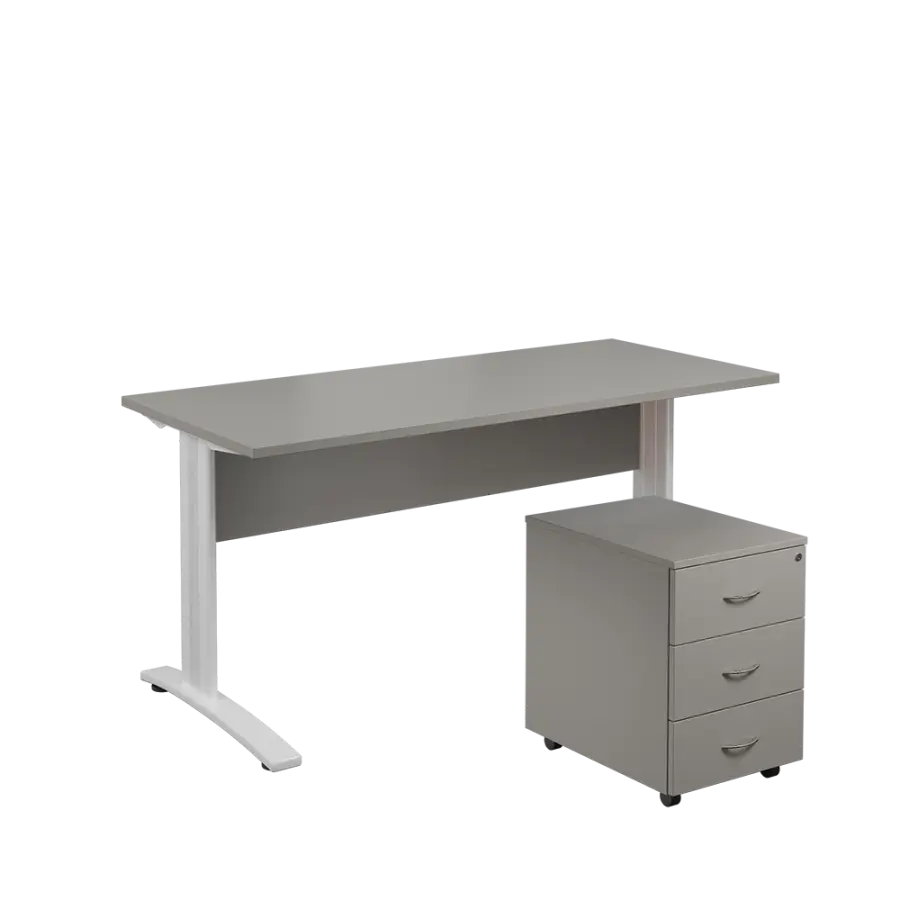 SET 567 stůl kancelářský, kovová podnož bílá + kontejner pojízdný, 3-zásuvkový, šedá