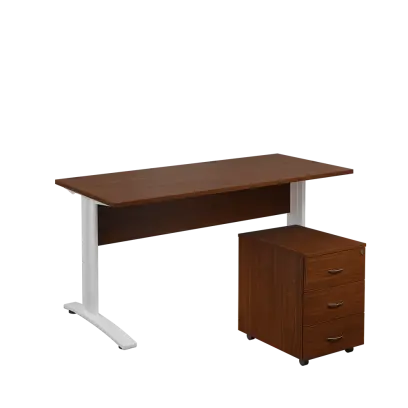 SET 567 stůl kancelářský, kovová podnož bílá + kontejner pojízdný, 3-zásuvkový, ořech královský