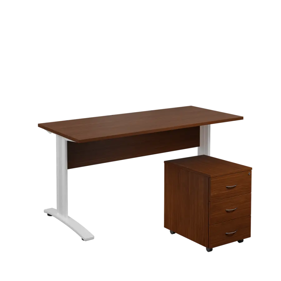 SET 567 stůl kancelářský, kovová podnož bílá + kontejner pojízdný, 3-zásuvkový, ořech královský