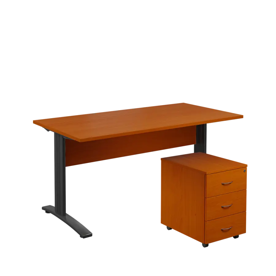 SET 568 stůl kancelářský, kovová podnož černá + kontejner pojízdný, 3-zásuvkový, třešeň šumavská