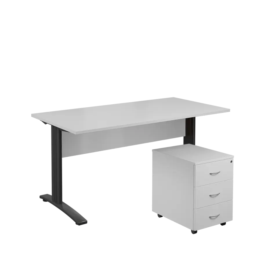 SET 568 stůl kancelářský, kovová podnož černá + kontejner pojízdný, 3-zásuvkový, bílá