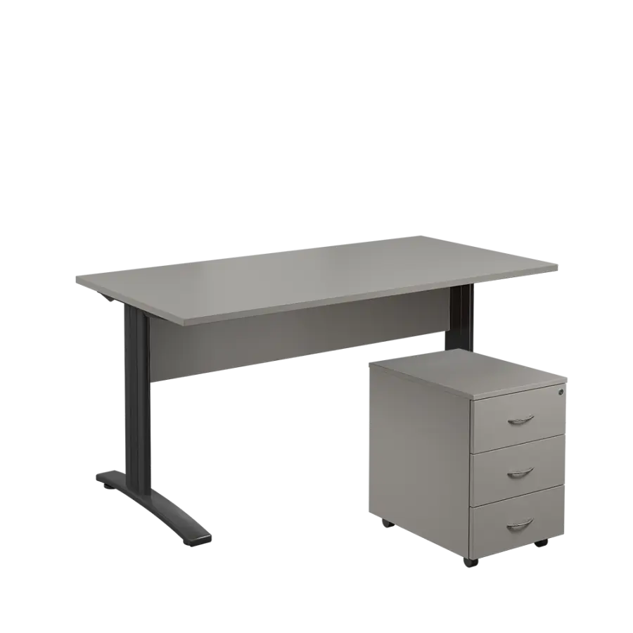 SET 568 stůl kancelářský, kovová podnož černá + kontejner pojízdný, 3-zásuvkový, šedá