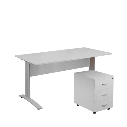 SET 568 stůl kancelářský, kovová podnož stříbrná + kontejner pojízdný, 3-zásuvkový, bílá