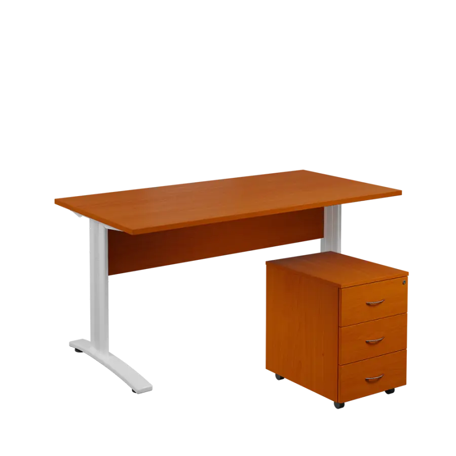 SET 568 stůl kancelářský, kovová podnož bílá + kontejner pojízdný, 3-zásuvkový, třešeň šumavská