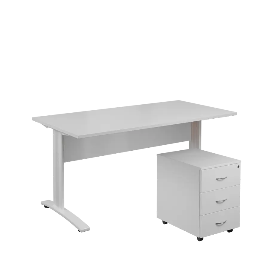 SET 568 stůl kancelářský, kovová podnož bílá + kontejner pojízdný, 3-zásuvkový, bílá