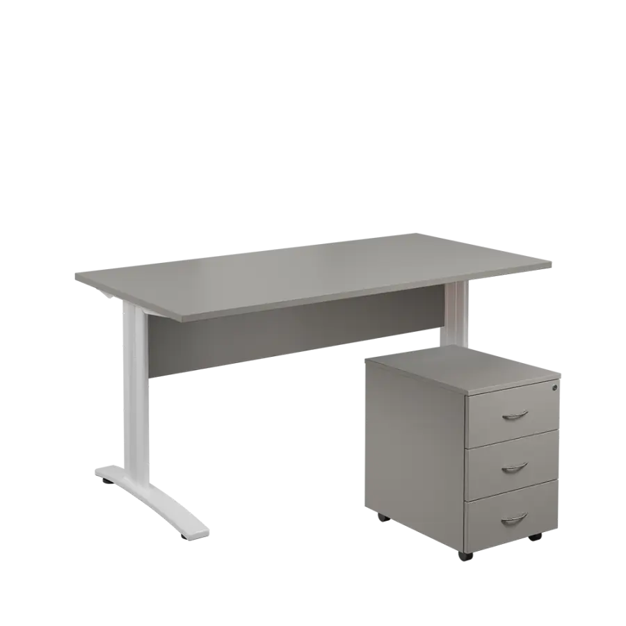 SET 568 stůl kancelářský, kovová podnož bílá + kontejner pojízdný, 3-zásuvkový, šedá