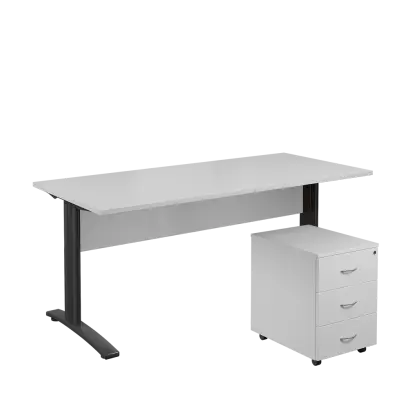 SET 588 stůl kancelářský, kovová podnož černá + kontejner pojízdný, 3-zásuvkový, bílá