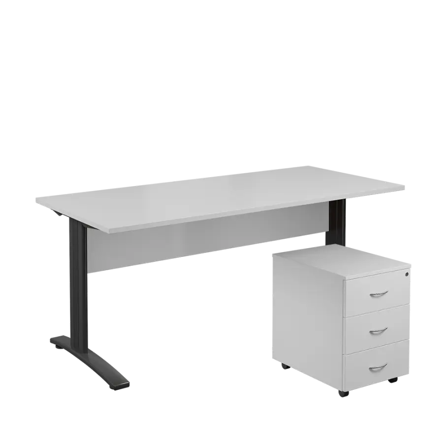 SET 588 stůl kancelářský, kovová podnož černá + kontejner pojízdný, 3-zásuvkový, bílá