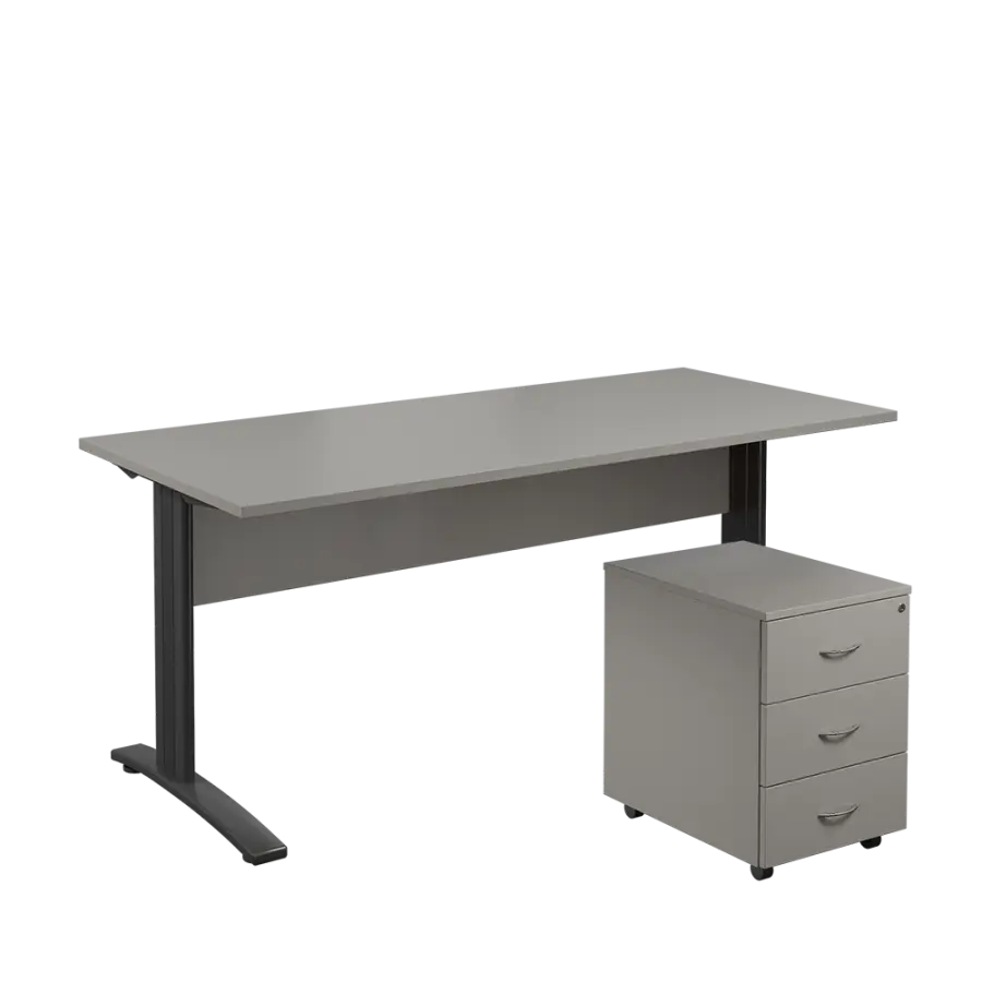 SET 588 stůl kancelářský, kovová podnož černá + kontejner pojízdný, 3-zásuvkový, šedá