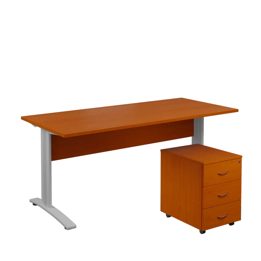 SET 588 stůl kancelářský, kovová podnož stříbrná + kontejner pojízdný, 3-zásuvkový, třešeň šumavská