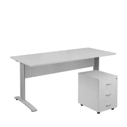 SET 588 stůl kancelářský, kovová podnož stříbrná + kontejner pojízdný, 3-zásuvkový, bílá