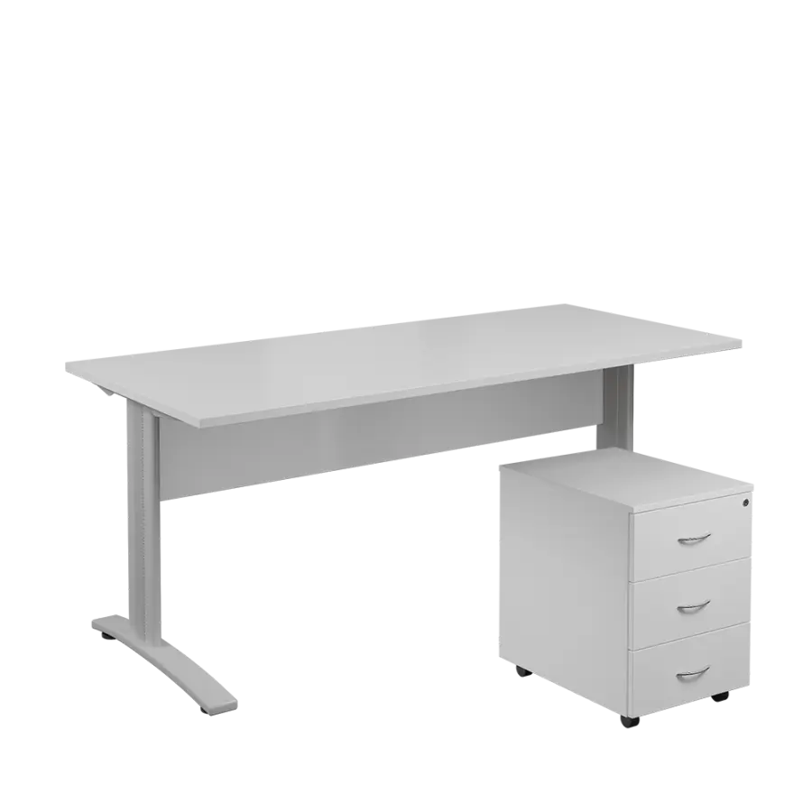 SET 588 stůl kancelářský, kovová podnož stříbrná + kontejner pojízdný, 3-zásuvkový, bílá