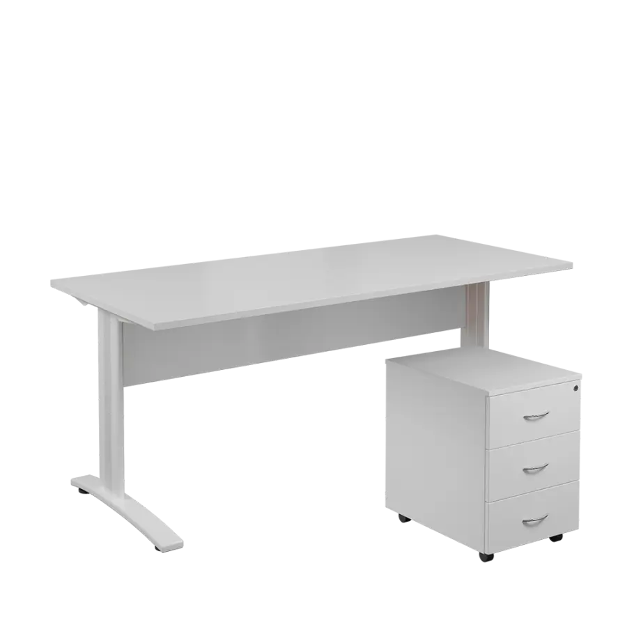 SET 588 stůl kancelářský, kovová podnož bílá + kontejner pojízdný, 3-zásuvkový, bílá