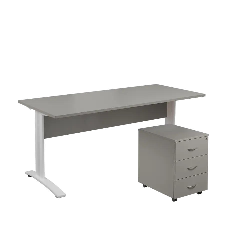SET 588 stůl kancelářský, kovová podnož bílá + kontejner pojízdný, 3-zásuvkový, šedá