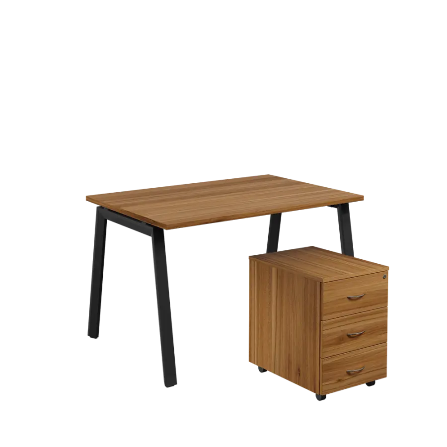 SET-A 328 stůl kancelářský, kovová podnož černá + kontejner pojízdný, 3-zásuvkový, ořech světlý