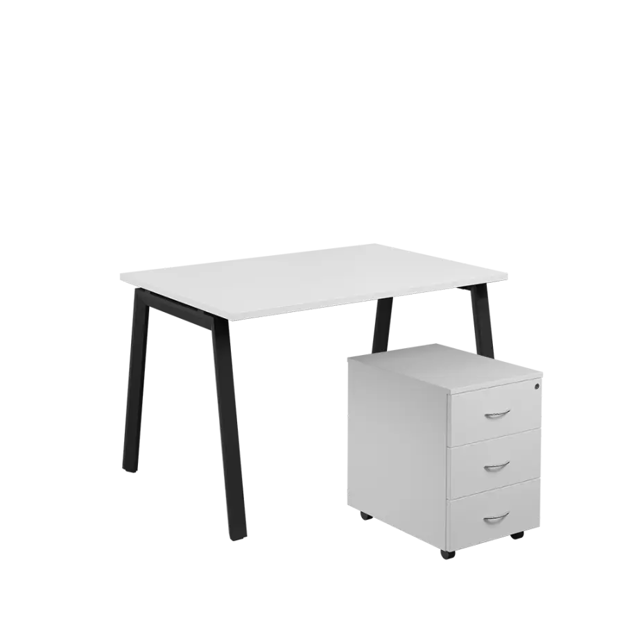 SET-A 328 stůl kancelářský, kovová podnož černá + kontejner pojízdný, 3-zásuvkový, bílá