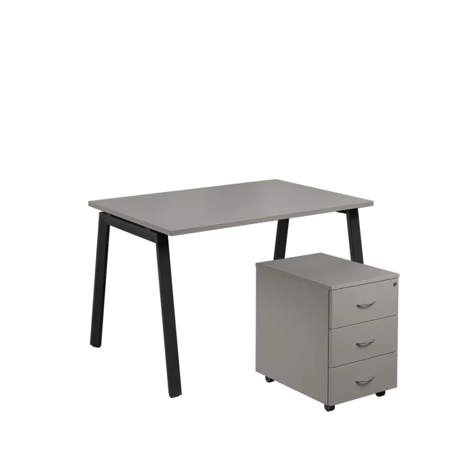SET-A 328 stůl kancelářský, kovová podnož černá + kontejner pojízdný, 3-zásuvkový, šedá