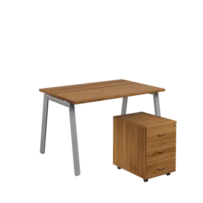 SET-A 328 stůl kancelářský, kovová podnož stříbrná + kontejner pojízdný, 3-zásuvkový, ořech světlý
