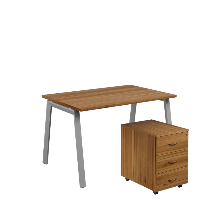 SET-A 328 stůl kancelářský, kovová podnož stříbrná + kontejner pojízdný, 3-zásuvkový, ořech světlý